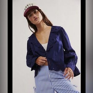NWOT Free People Maisie Cutwork Navy Blue Floral Embroidered Shirt Sz M MSRP$78